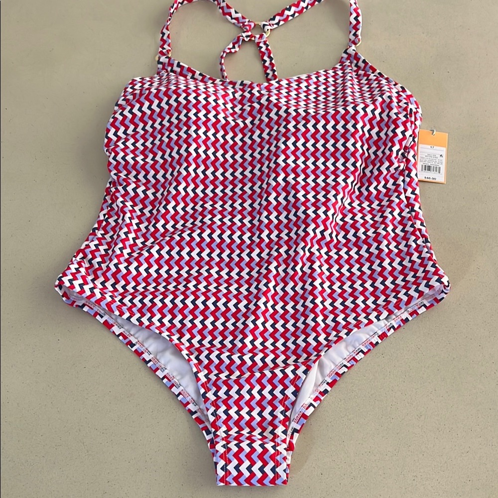 Kona Sol Red and Blue Geometric One Piece Swimsuit